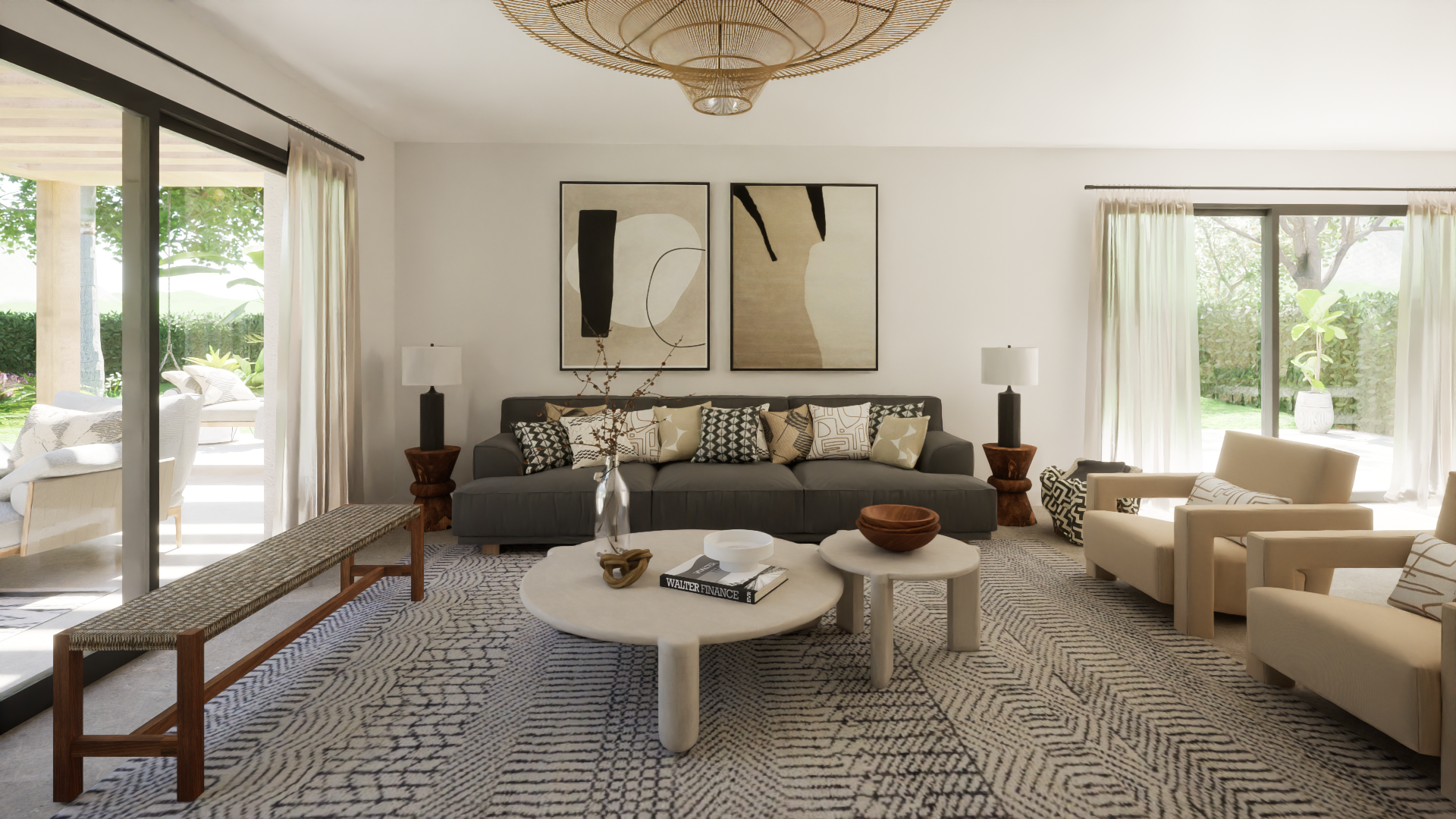 Salon style bohème. Canapé et table basse