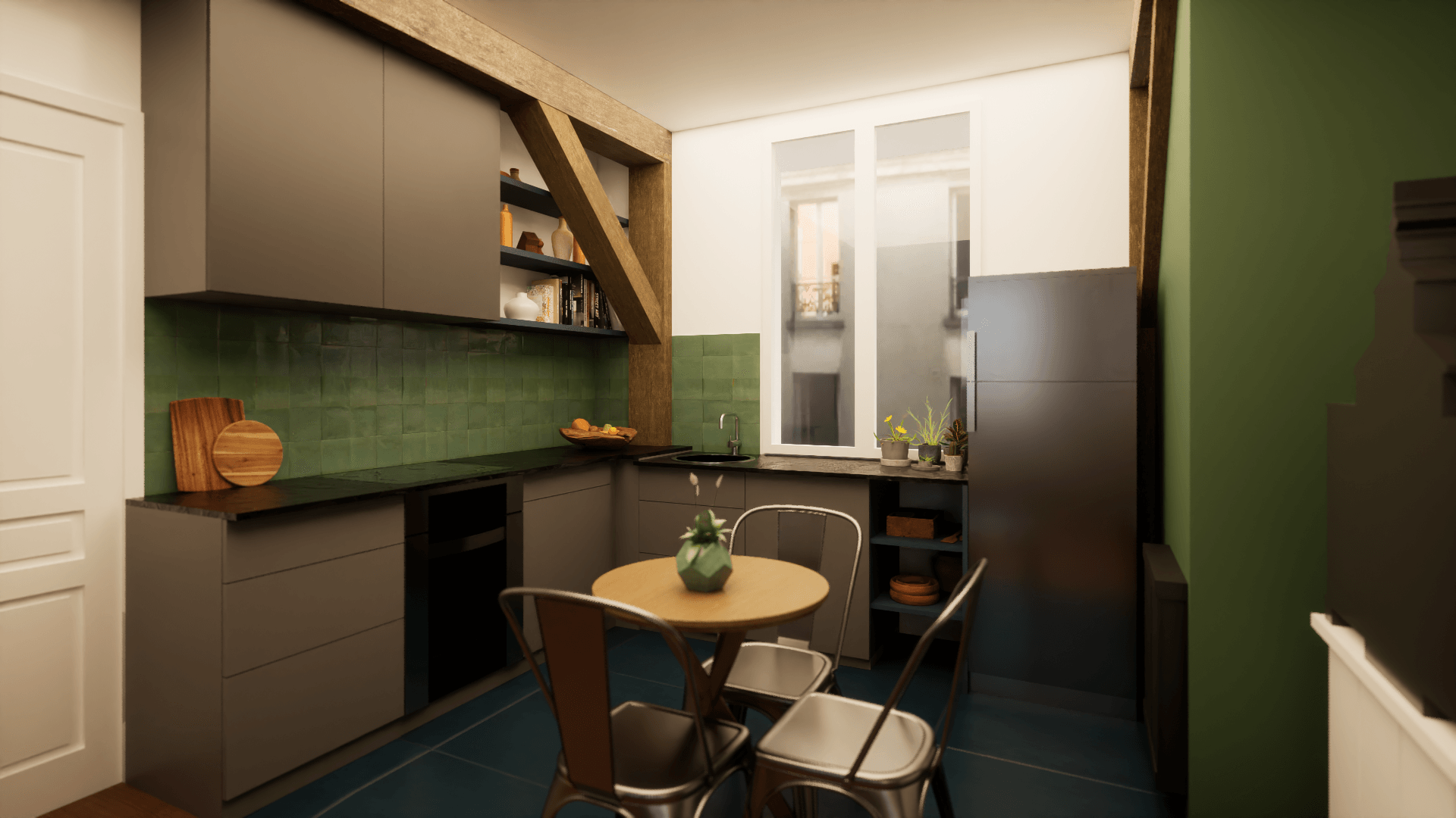 Cuisine carrelage bleu, façades grises et crédence en zellige vert