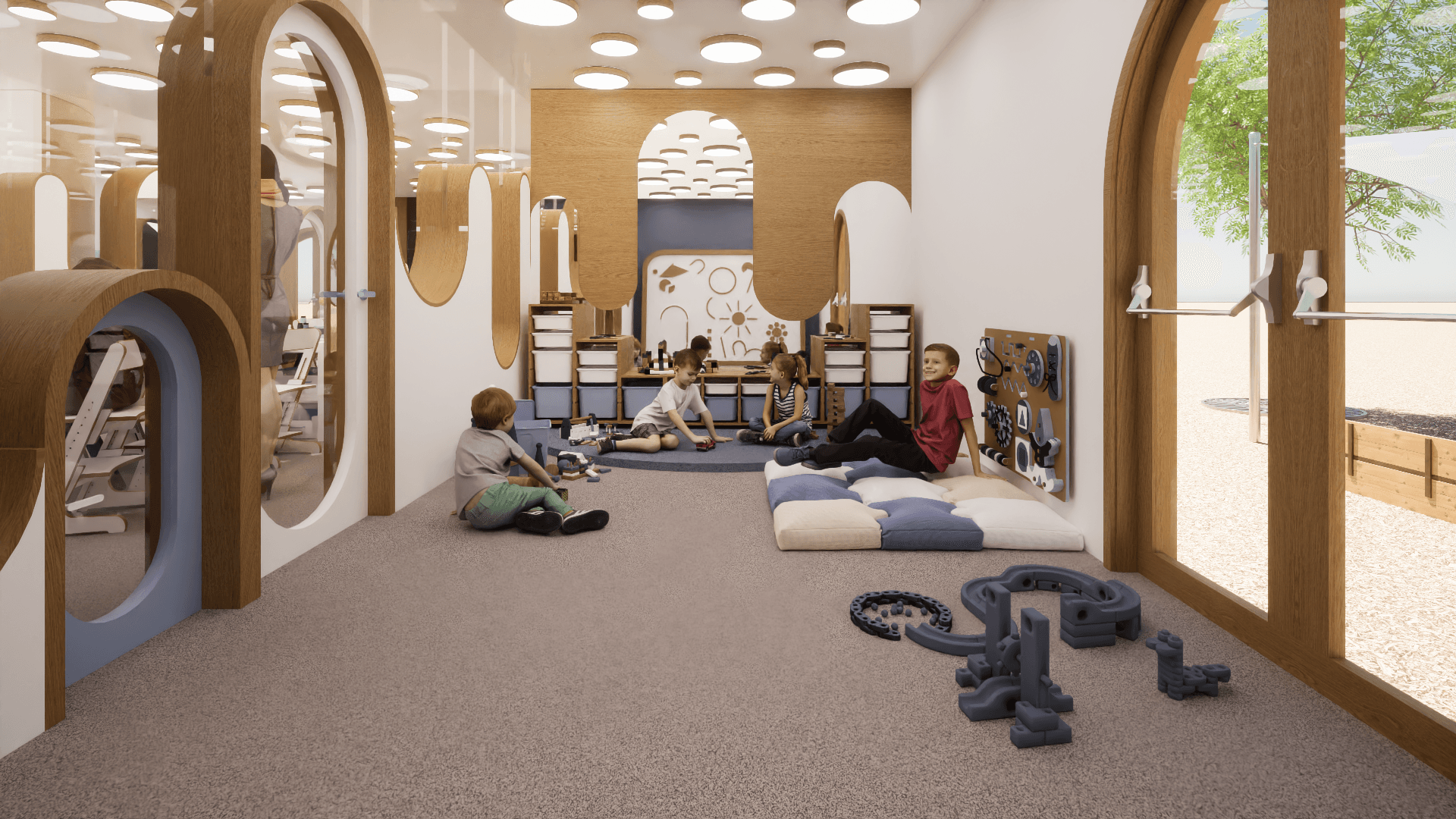 Garderie pour enfants. Parois arrondies. Espace de jeu.