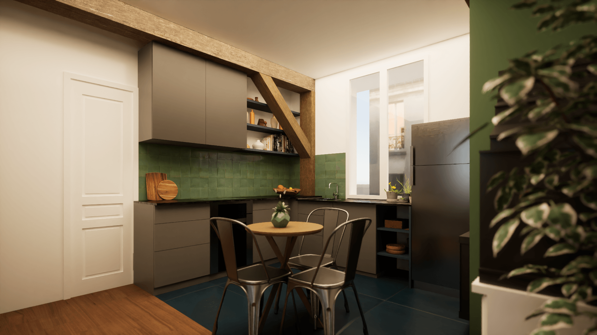 Cuisine carrelage bleu, façades grises et crédence en zellige vert