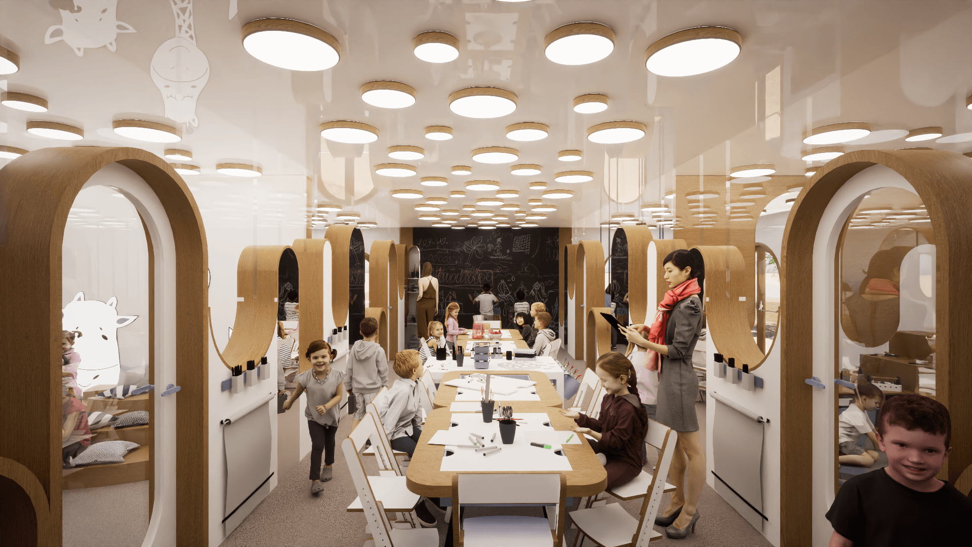 Garderie pour enfants. Parois arrondies. Espace collectif avec des tables.