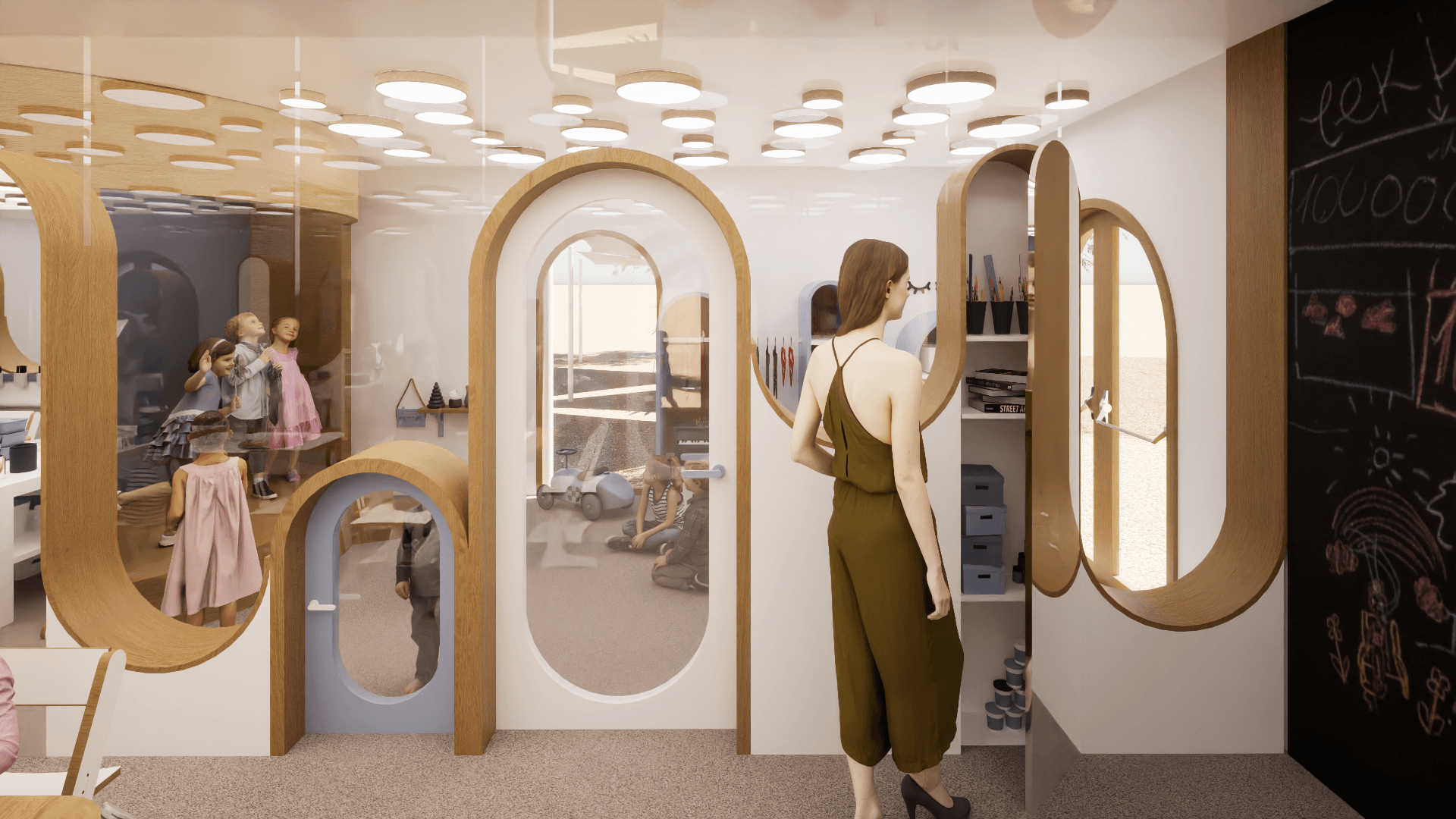 Garderie pour enfants. Parois arrondies. Espace collectif avec des tables.