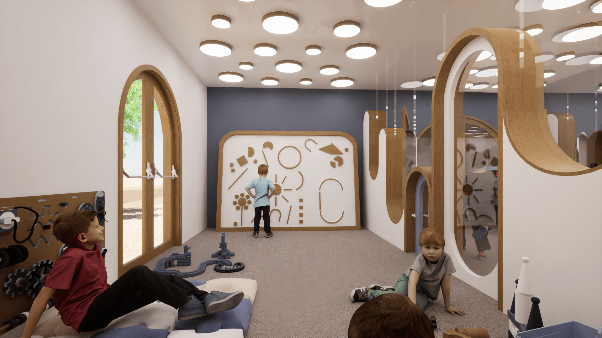 Garderie pour enfants. Parois arrondies. Espace de jeu.