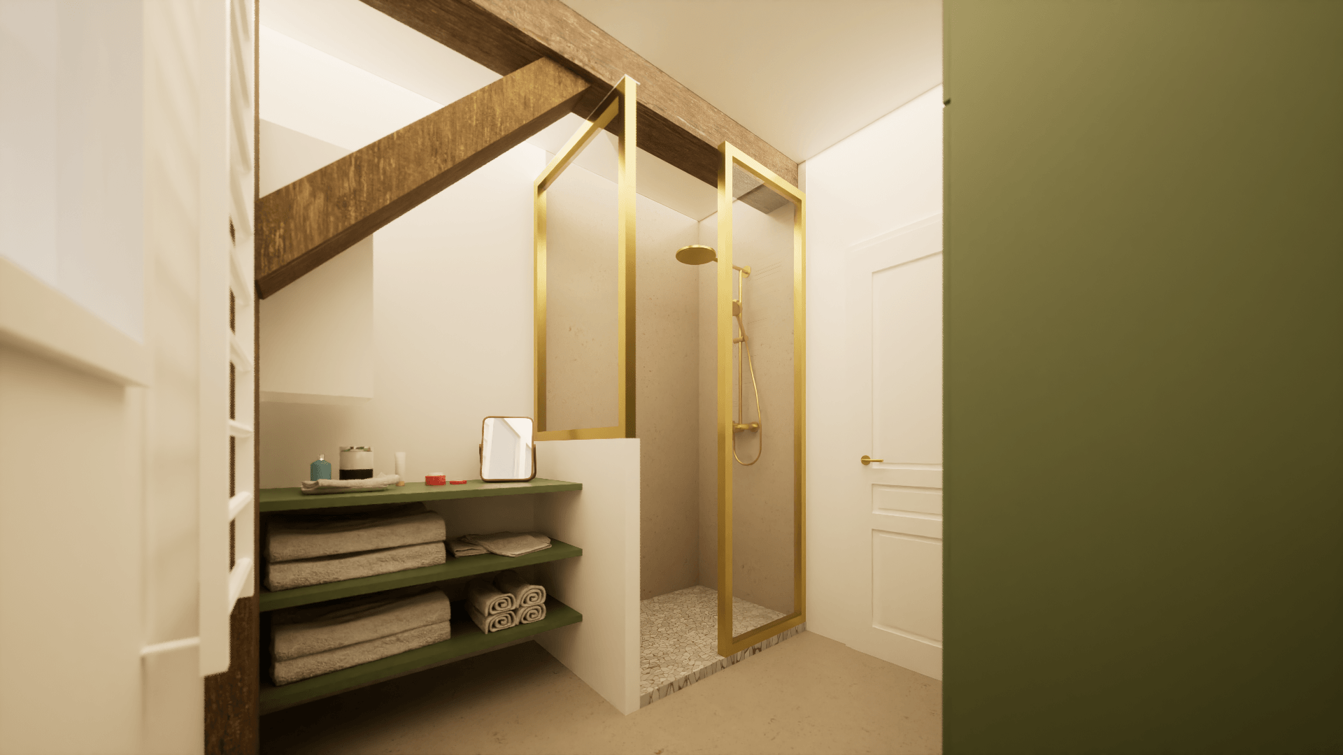 Salle de bain beige et verte