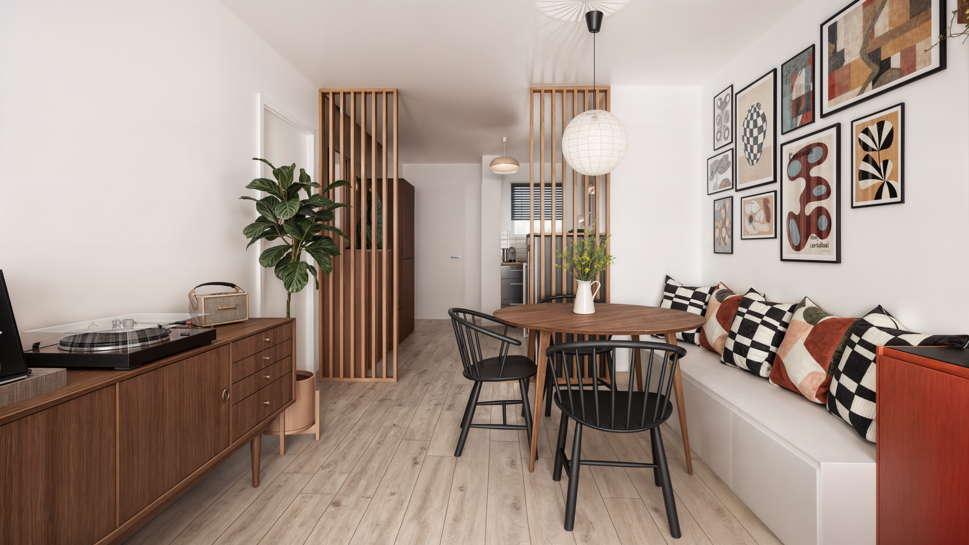 Un appartement moderne avec une table à manger entourée de chaises, un banc avec des oreillers, un tourne-disque sur un meuble, une plante en pot, un globe lumineux et diverses œuvres d'art sur les murs.