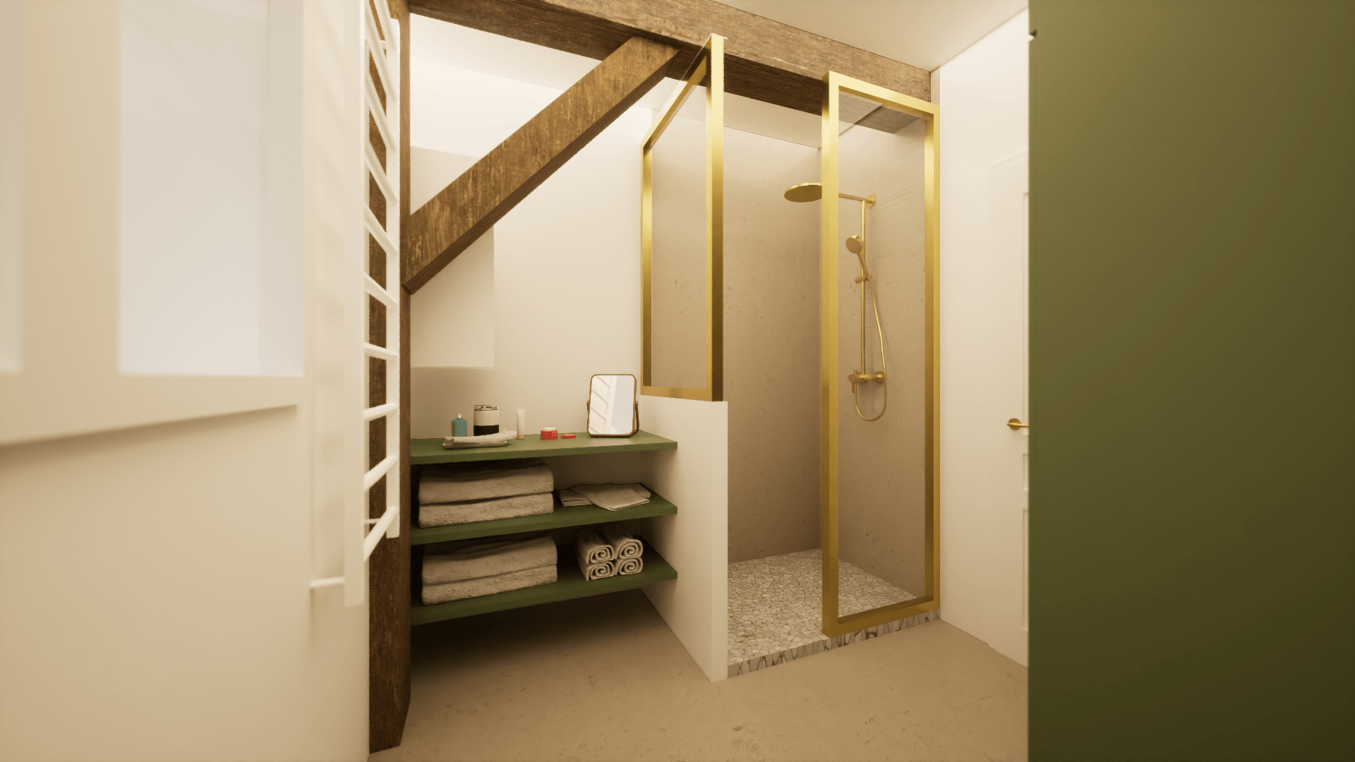 Salle de bain beige et verte