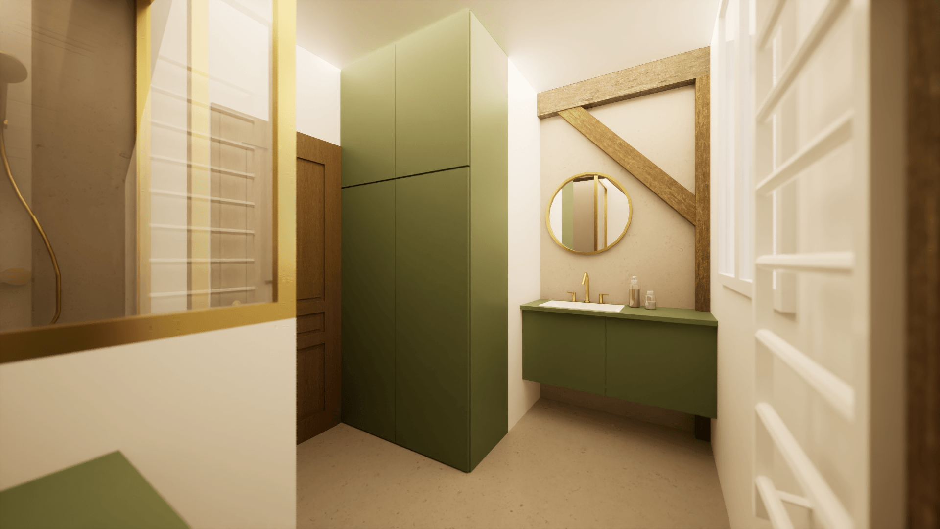 Salle de bain beige et verte