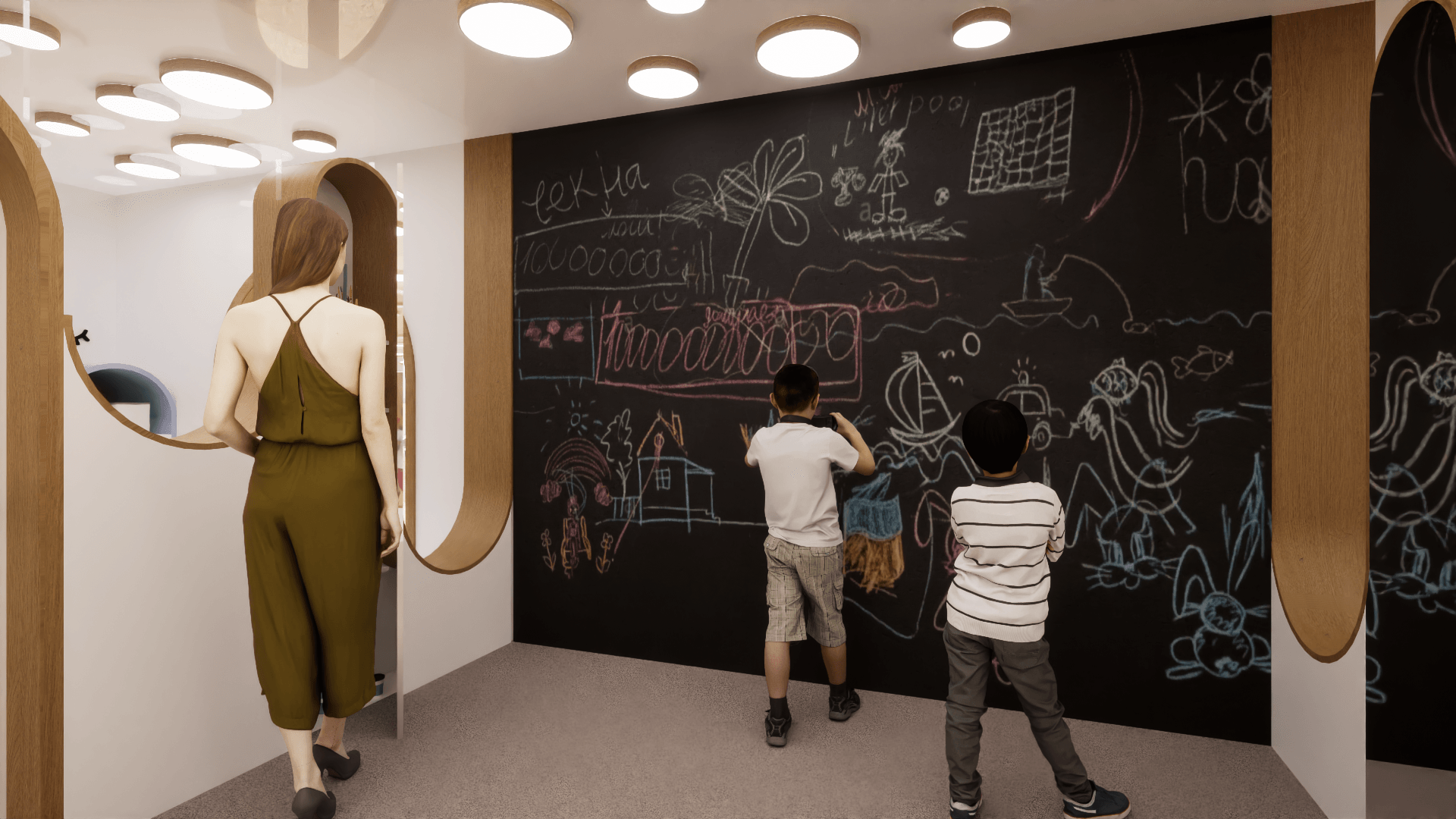 Garderie pour enfants. Parois arrondies. Espace collectif avec des tables. Tableau mural à dessin