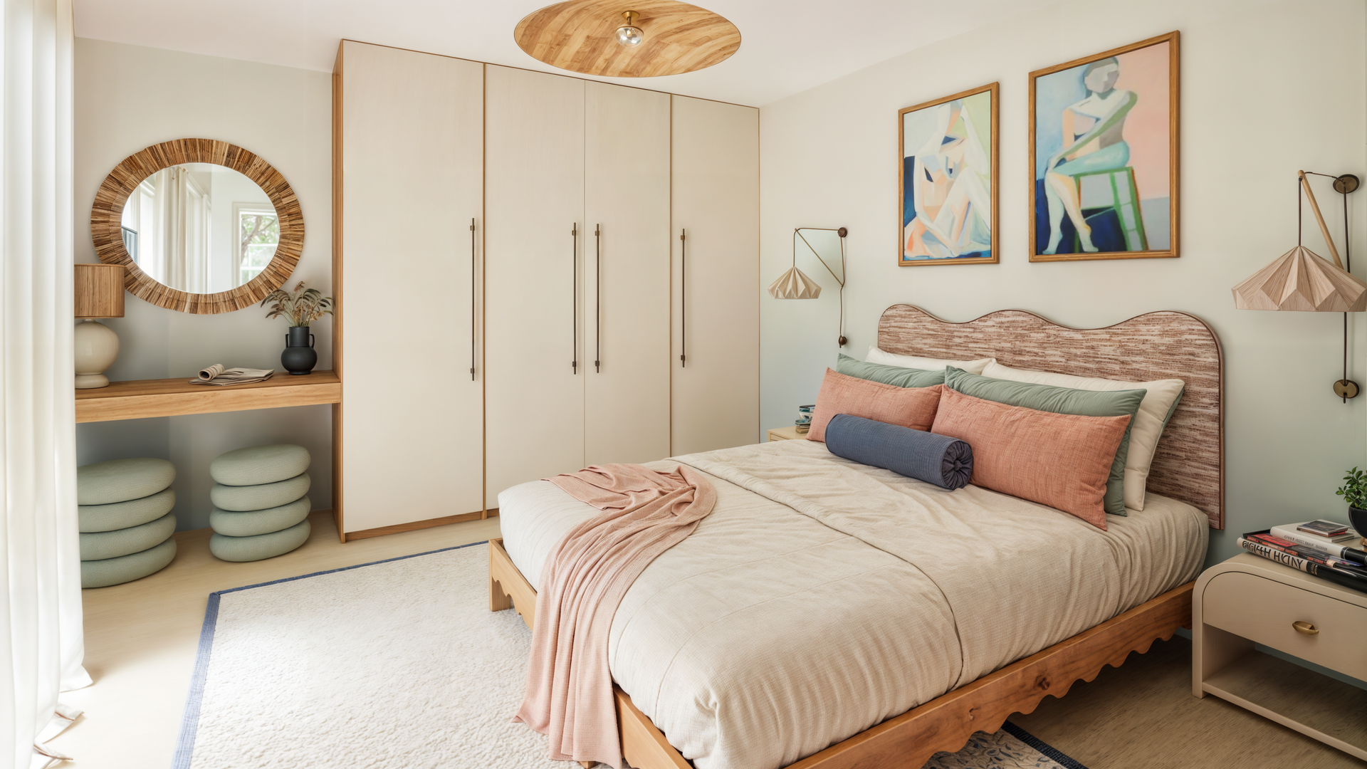 Une chambre avec un lit, une vanité, un miroir, des tableaux aux murs et un placard.