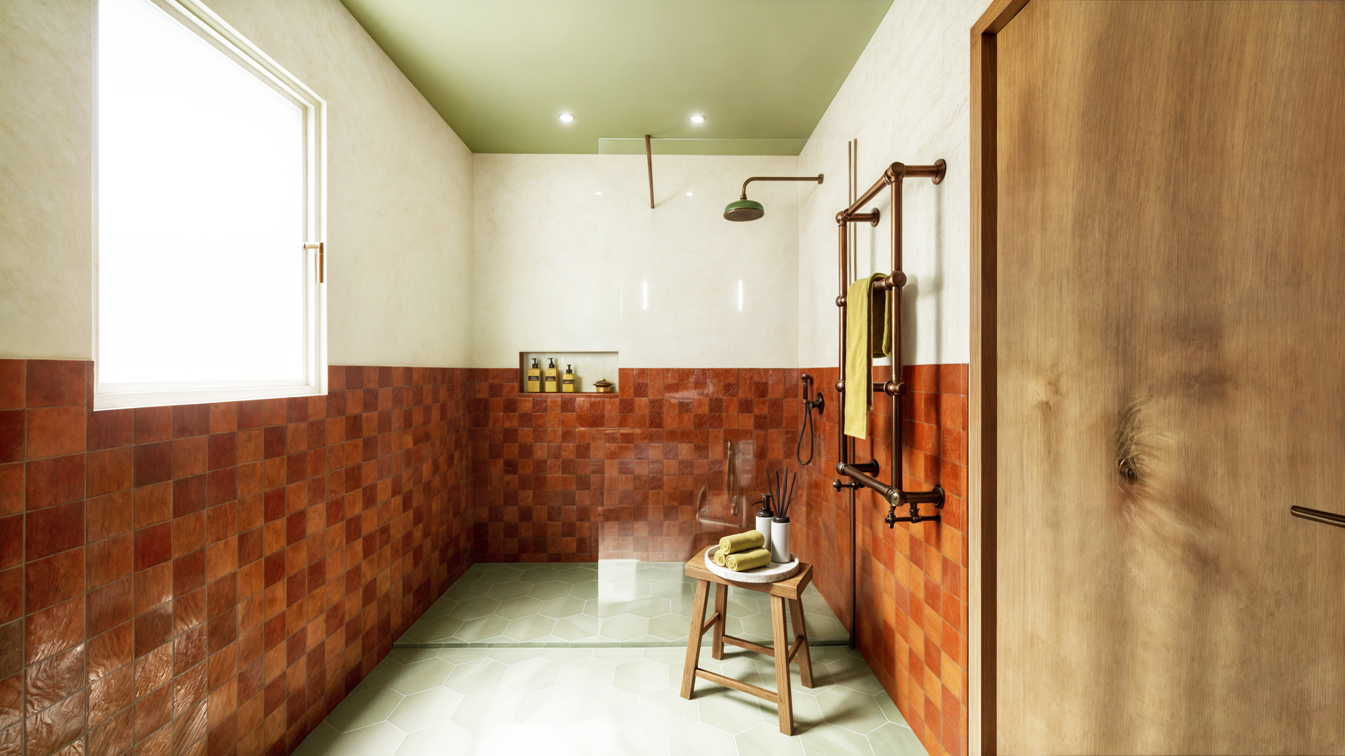 Une salle de bains aux couleurs vertes et marron, comprenant des toilettes, un lavabo et une douche.