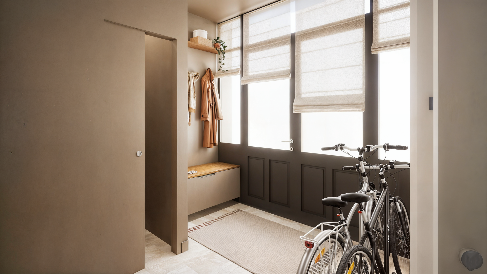 Hall d'entrée. Un vélo est garé dans la pièce. Il y a un banc, des fenêtres et une porte.