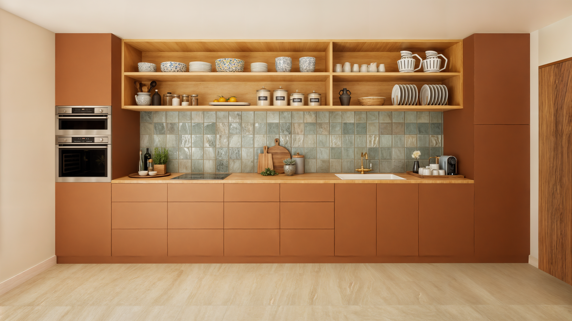 Une cuisine moderne avec des armoires marron, un dosseret en carrelage et un comptoir.