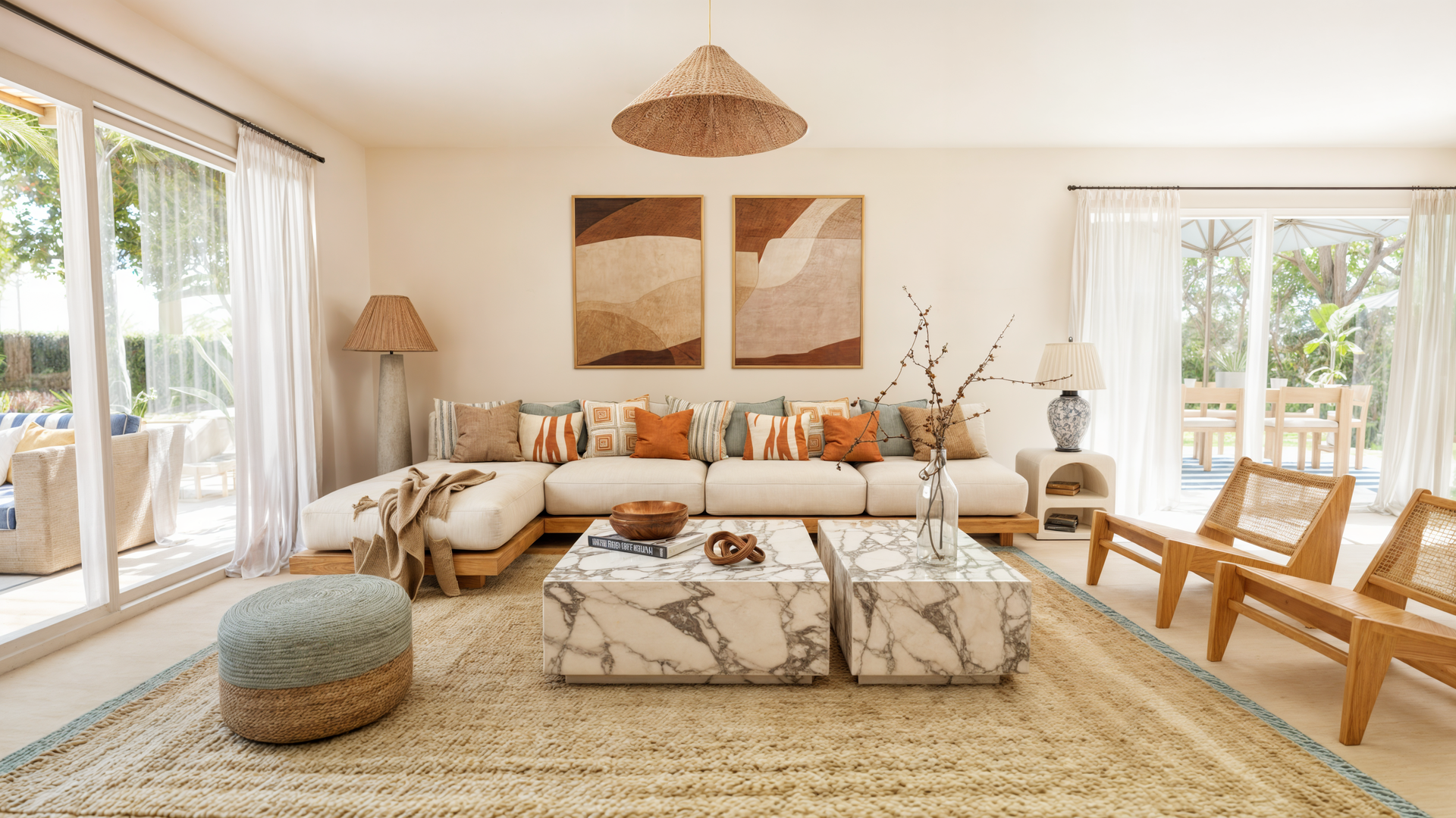 A spacious living room with a large couch, coffee tables, and a rug.