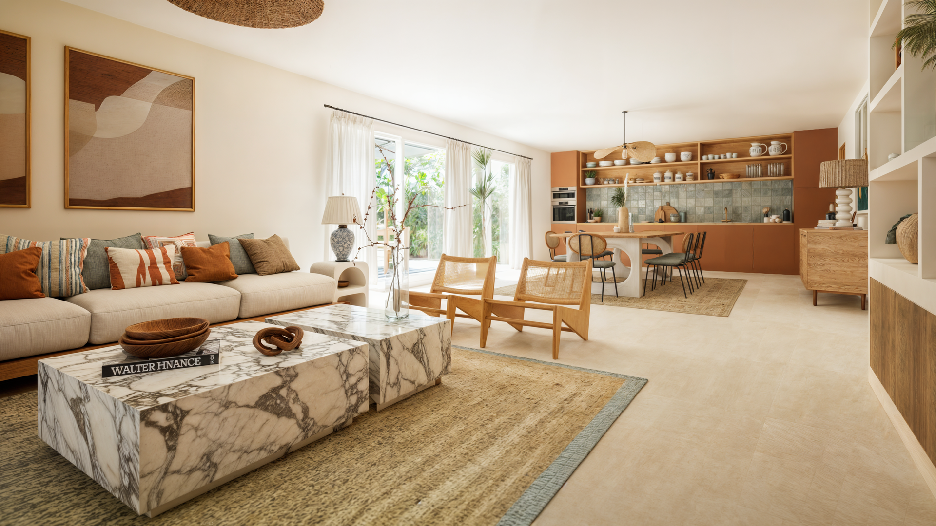 Un séjour spacieux et lumineux avec un coin repas et une cuisine ouverte.