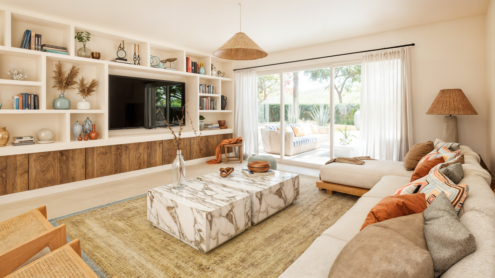 Un salon moderne avec un grand canapé, une table basse et un centre de divertissement avec une télévision et des étagères.