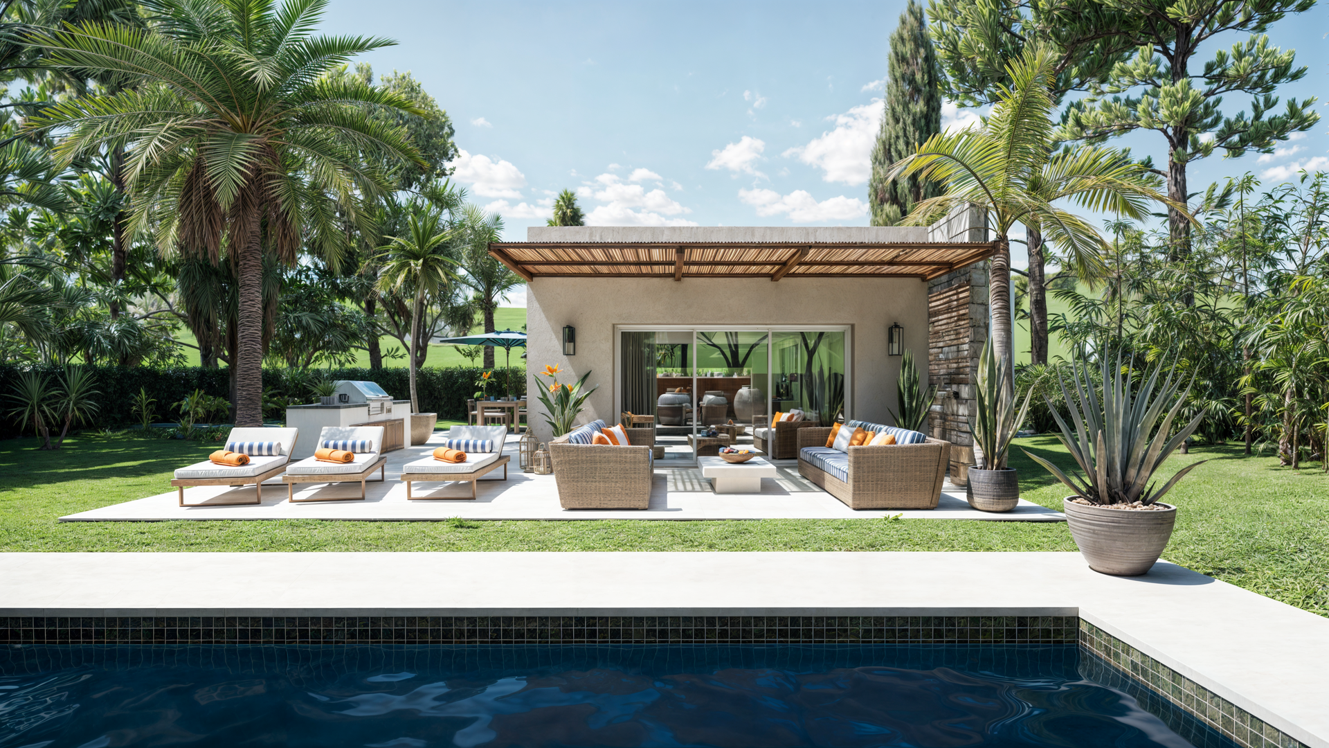 Une maison moderne avec piscine et mobilier de jardin, entourée de palmiers et d'herbe.