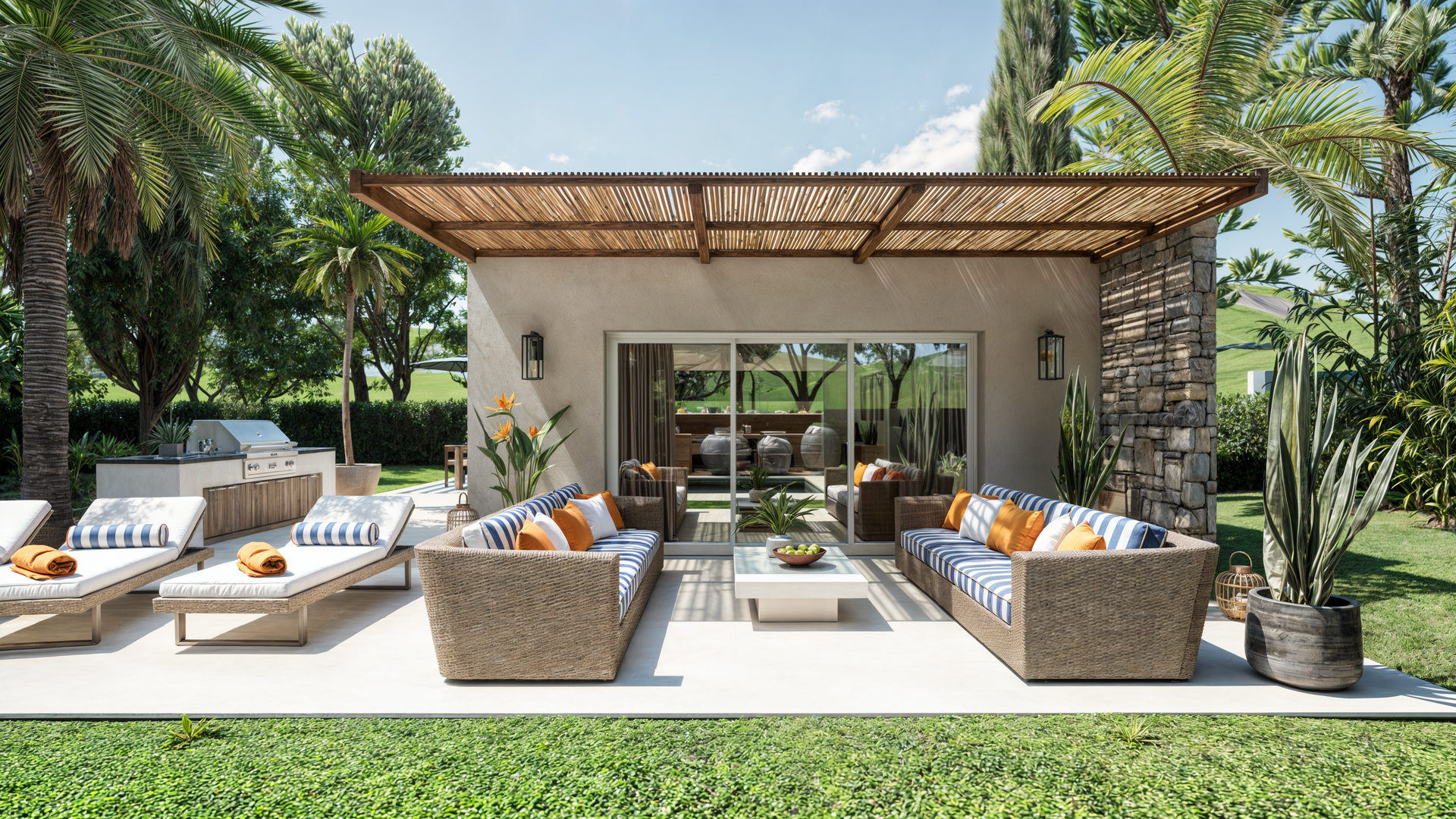 Une maison moderne avec piscine et mobilier de jardin, entourée de palmiers et d'herbe.