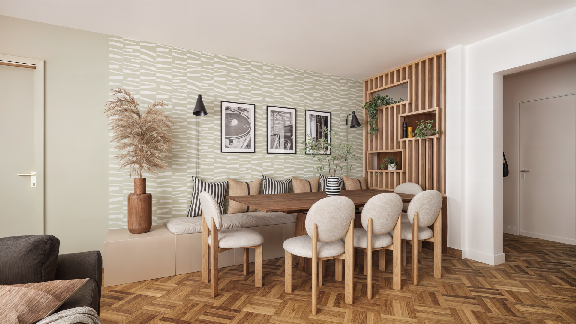 Une salle à manger moderne avec une table en bois entourée de chaises.