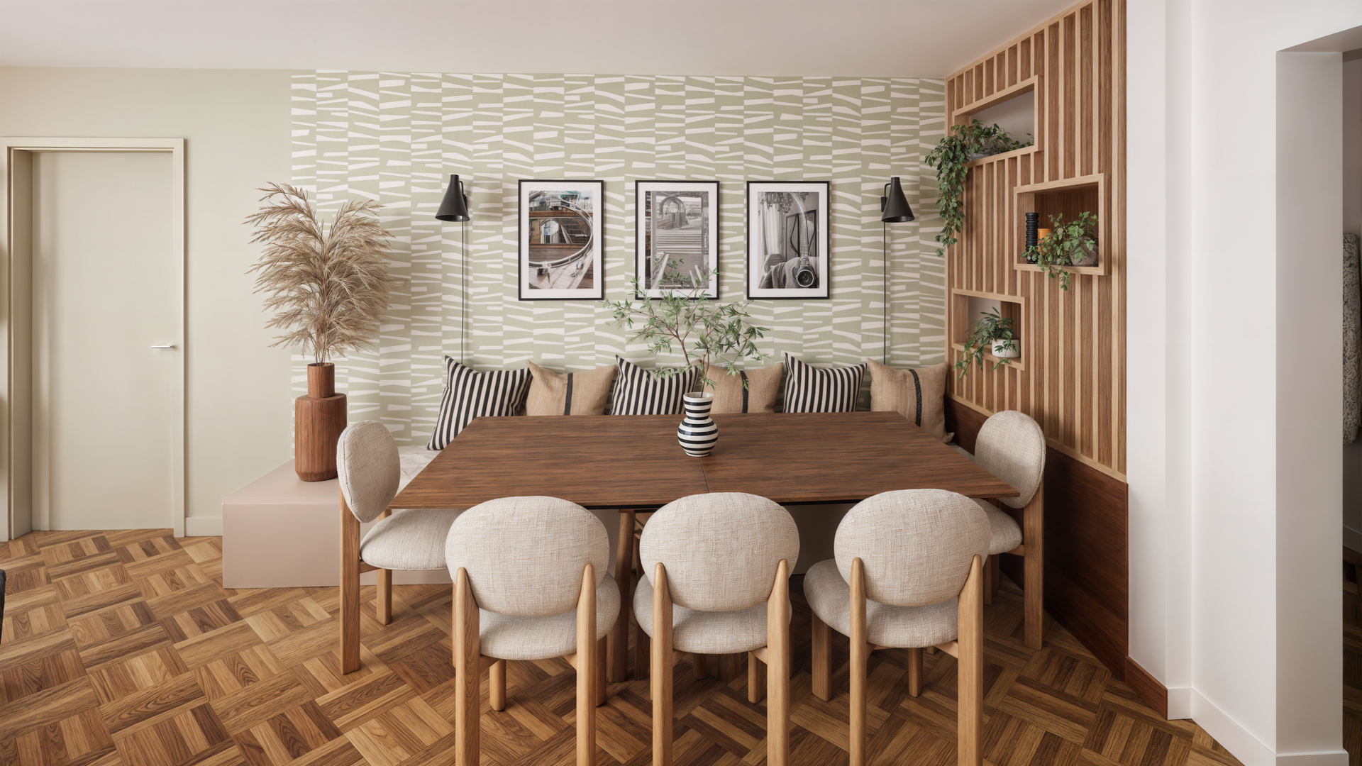 Une salle à manger moderne avec une table en bois entourée de chaises.