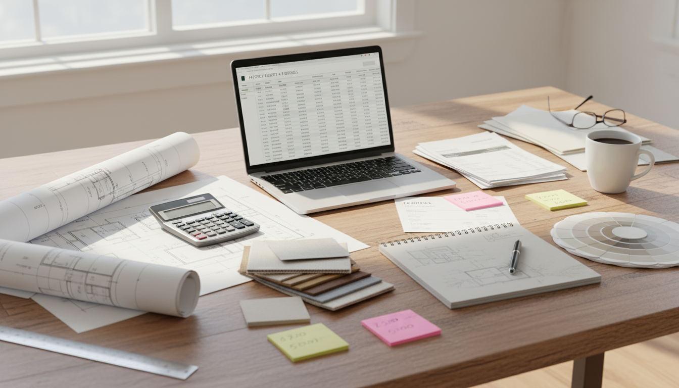 Table recouverte de plans, post-it et calculatrice avec un ordinateur ouvert sur un fichier excel