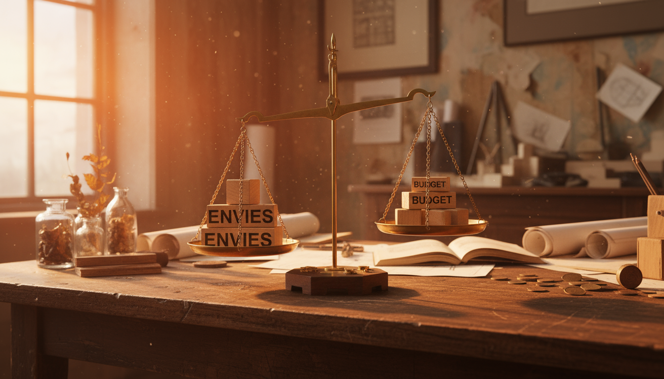 Table recouverte de plans, post-it et calculatrice avec un ordinateur ouvert sur un fichier excel