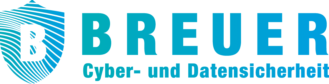 Schriftzug in blau und grün mit Schild Logo Breuer Cyber - und Datensicherheit