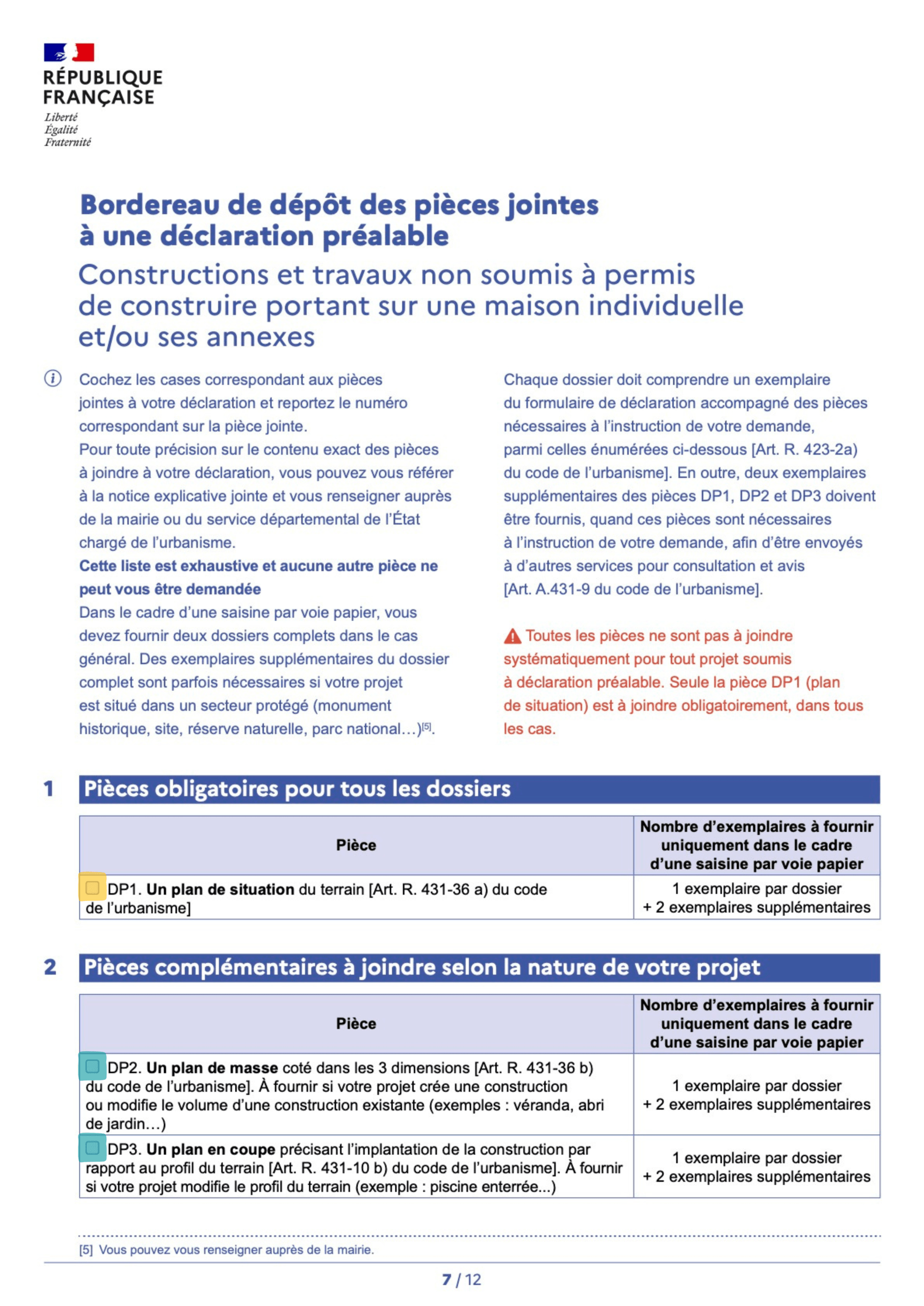Bordereau de dépôt des pièces jointes à une déclaration préalable