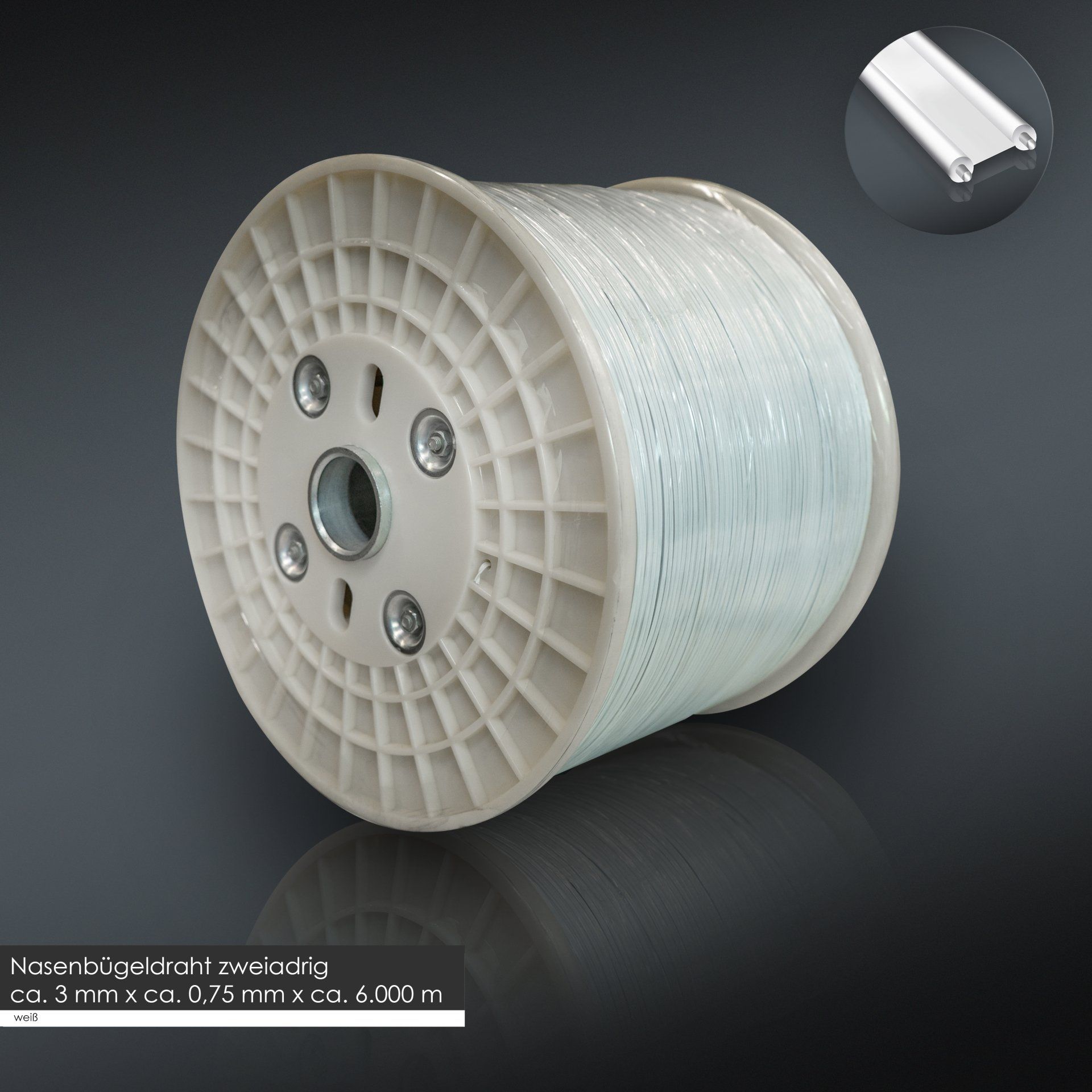 Nasenbügeldraht, zweiadrig, weiß, Kreuzspule, 6.000m