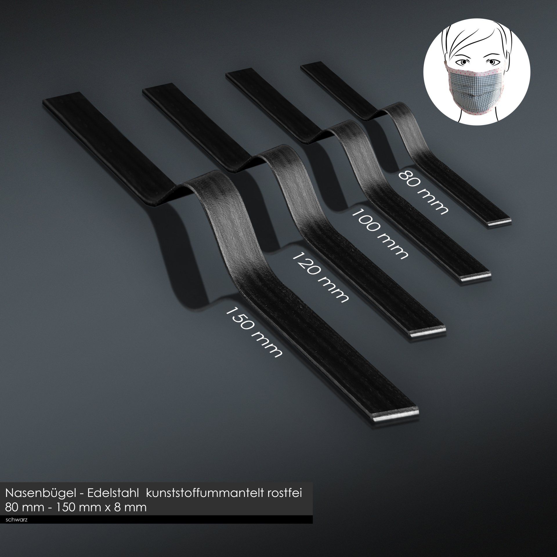 Nasenbügel, zum Einnähen, schwarz, rostfrei, verschiedene Längen, waschbar, Edelstahl