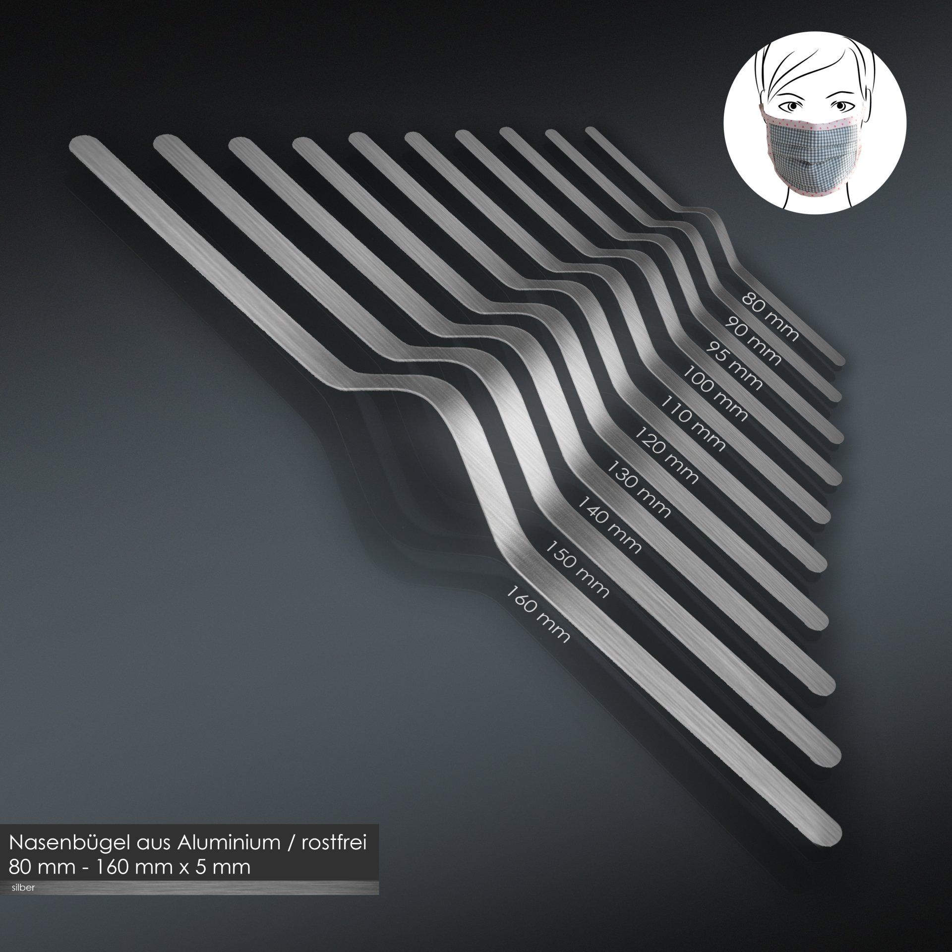Nasenbügel, zum Einnähen, silber, verschiedene Längen, Alu, hoher Tragekomfort, individuell anpassbar, leicht zu biegen