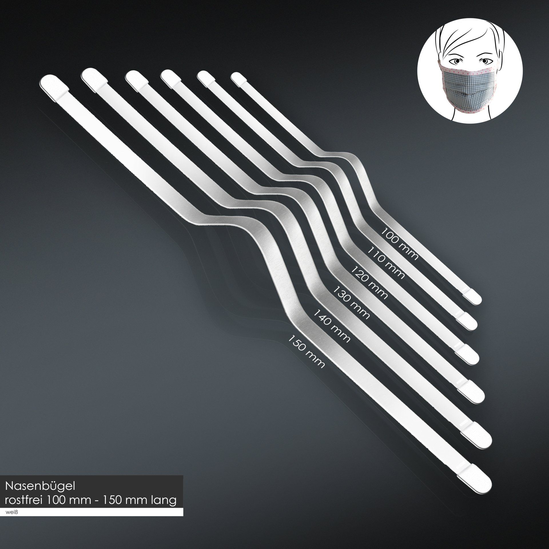 Nasenbügel, zum Einnähen, weiß, mit Endkappen, rostfrei, verschiedene Längen, waschbar