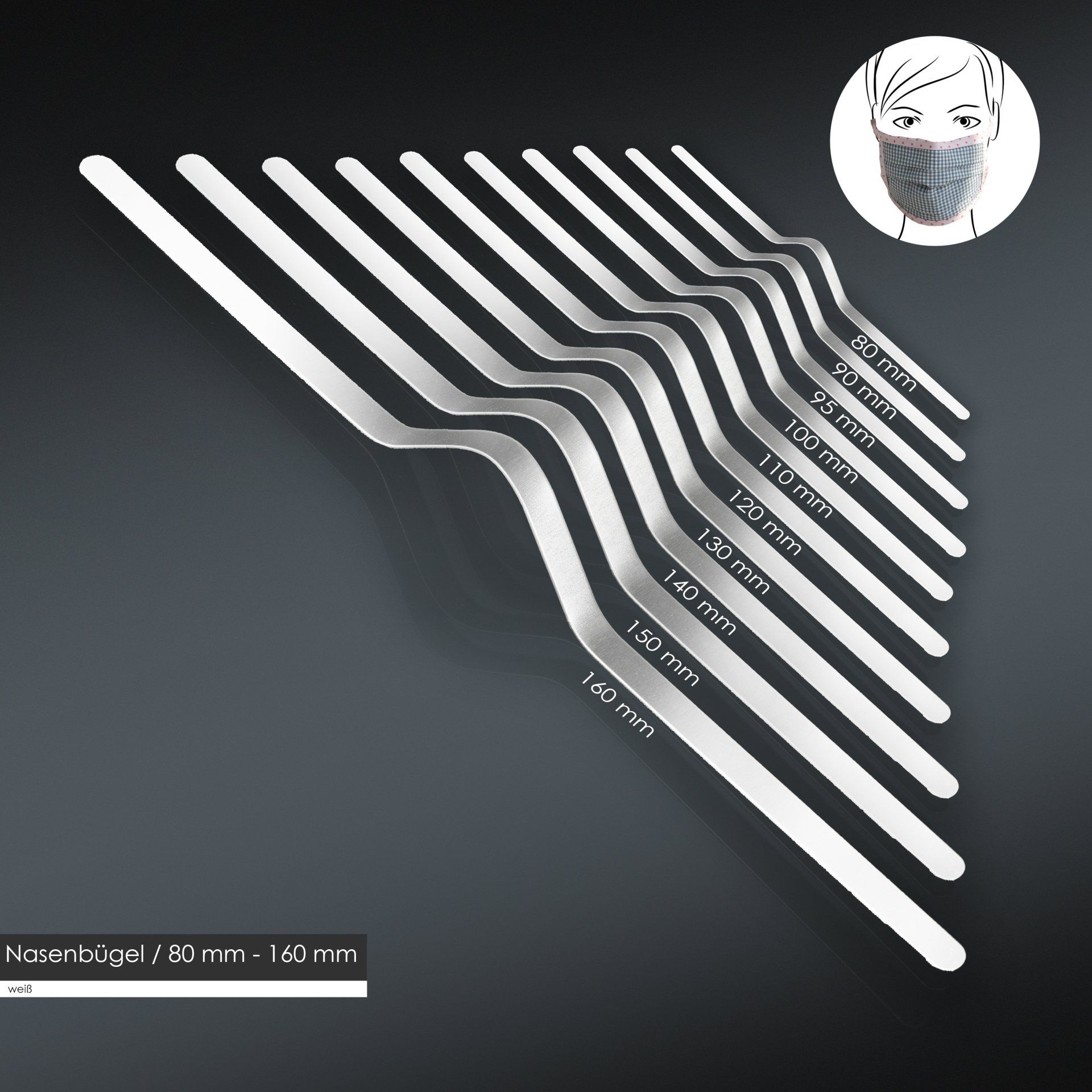 Nasenbügel, zum Einnähen, weiß, verschiedene Längen, Stahl, hoher Tragekomfort, individuell anpassbar, leicht zu biegen