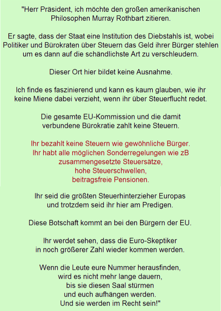 Rede über Politiker & Steuern im EU Parlament