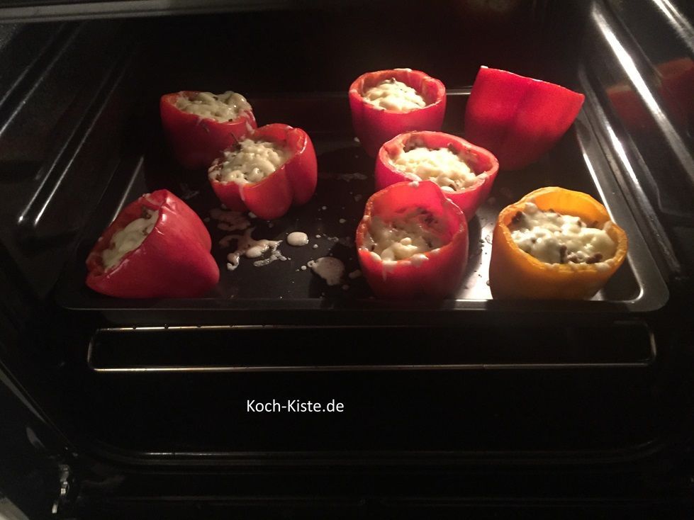 setzt die Paprikaschoten in die Fettpfanne oder eine Auflaufform , gebe den geriebenen Käse drüber und stelle sie noch einmal für 10 Minuten in den Backofen