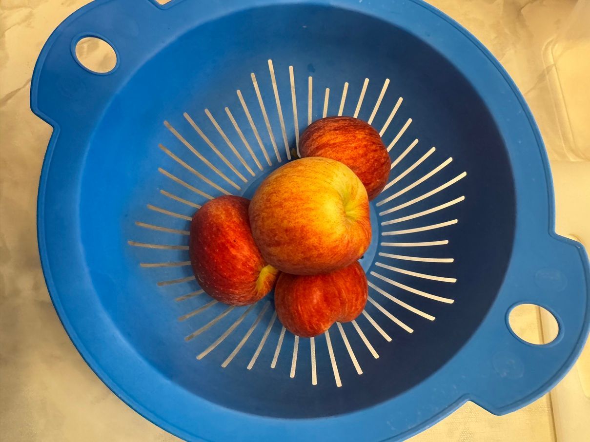 gebt die Äpfel in ein Küchensieb, spüle sie unter kaltem, fließendem Wasser ab und trockne sie dann mit dem Geschirrhandtuch ab.