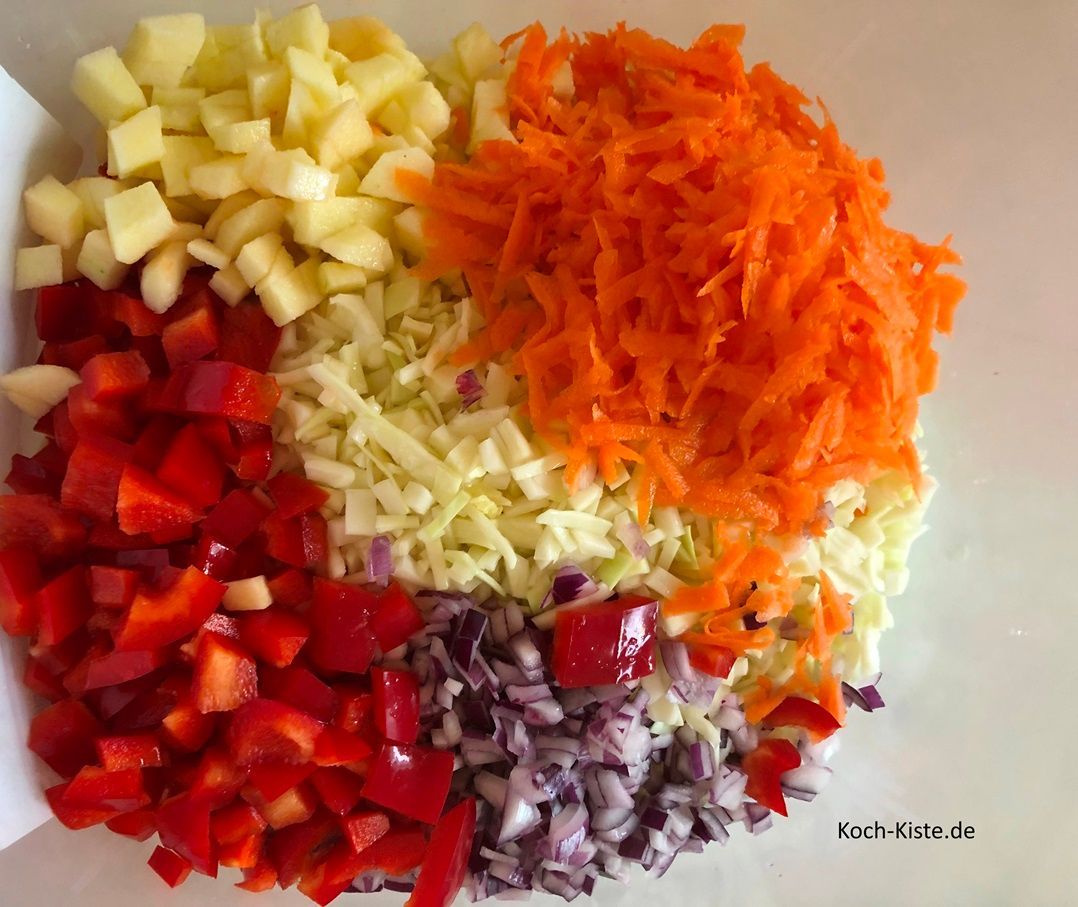 Rührschüssel mit dem verarbeitetem Gemüse / Obst