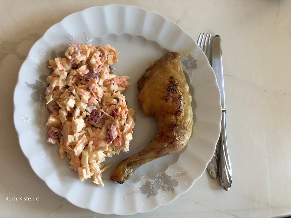 fertige Hähnchenbeine ich hatte Rohkostsslast mit Mayo
