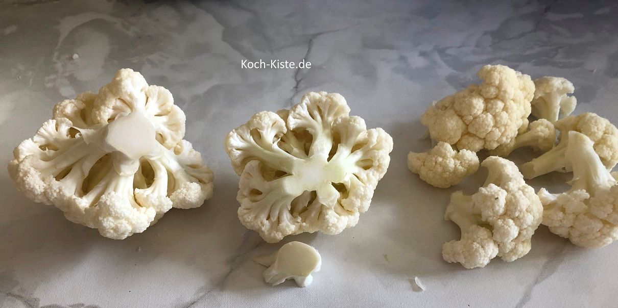 dann teile den Blumenkohl erst in Röschen , entferne einen Stück vom Stiel und teile in noch kleinere Röschen