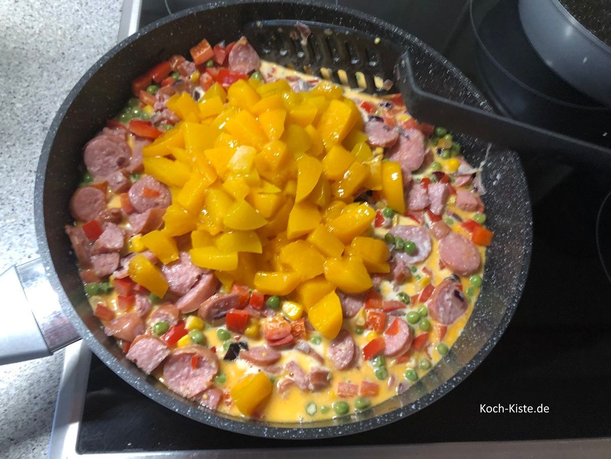 und schütte die Pfirsichstücke hinzu