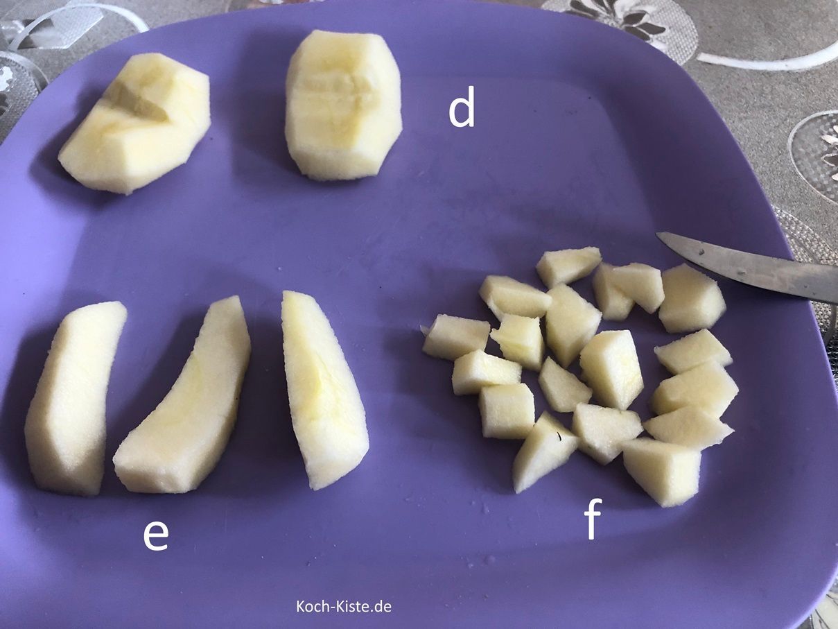 d)dann schäle die Apfelviertel e) schneide ihn in Streifen f) und zum Schluss in kleine Stücke