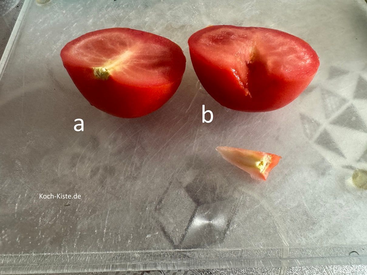 als nächstes halbiere (a) die Tomaten und schneide den Kelch (b) heraus