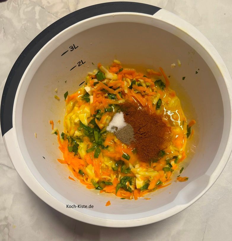 nun darf ein knapper Teelöffel Salz, 1 gestrichener Teelöffel Pfeffer und 2 Teelöffel Paprikapulver mit in die Rührschüssel