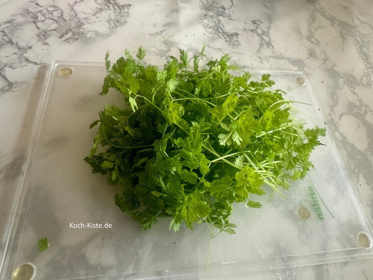beginne damit die Kerbelstiele aus den Kräutertopf zu pflücken und unter kaltem, fließesndem Wasser ab und schüttel ihn trocken . Dann lege ihn auf das Schneidebrett