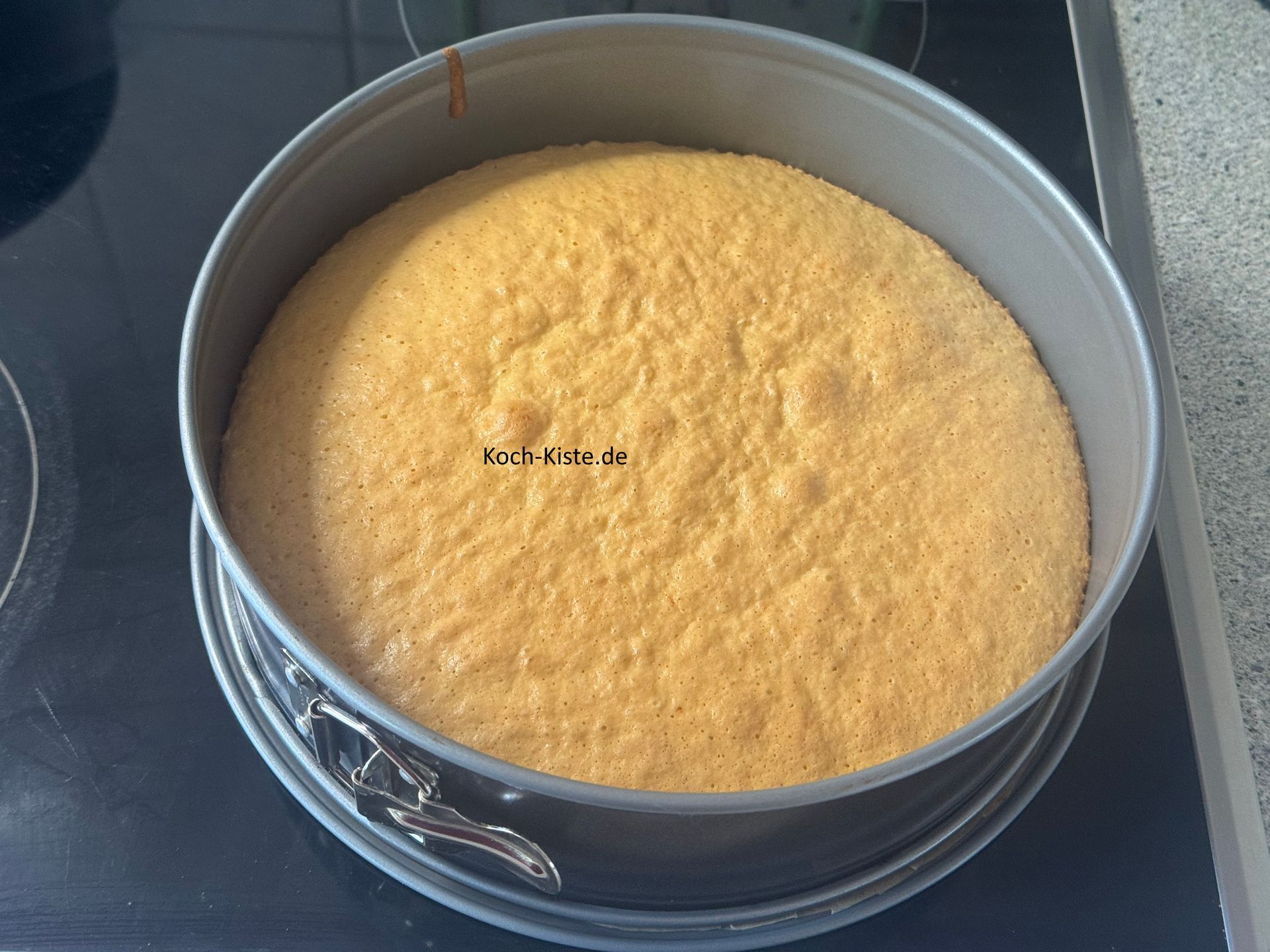 der Tortenboden ist nun fertig. Ziehe Dir Küchenhandschuhe an und nehme die Springform aus den Backofen.