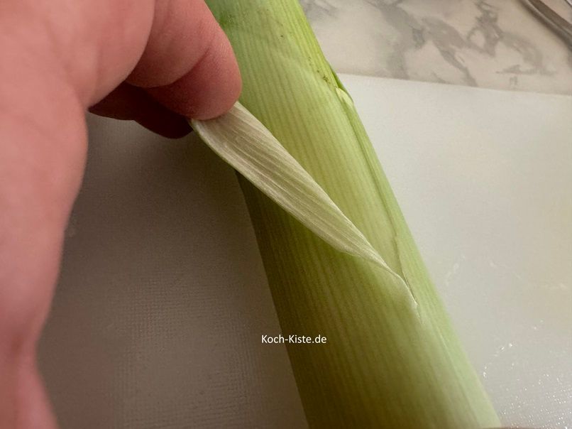 schneide die Porreestange oben - wo die Blätter anfangen - schräg ein und ziehe die äußere Schicht nach unten hin ab