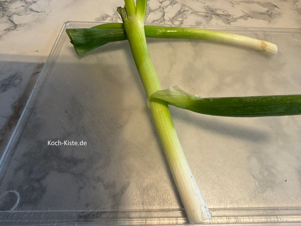 als nächstes schneide oben am Grünansatz leicht schräge ein - nun kannst Du die äußere Schicht nach unten hin abziehen