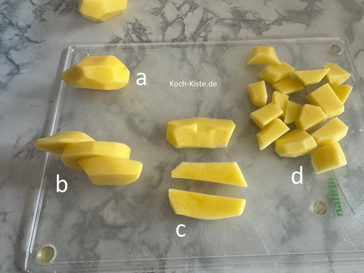 als nächstes legst Du eine Kartoffel auf das Schneidebrett (a), schneidest sie in Scheiben (b) , halbierst die Scheiben noch mal (c) und schneidest kleine Kartoffelstücke (d)