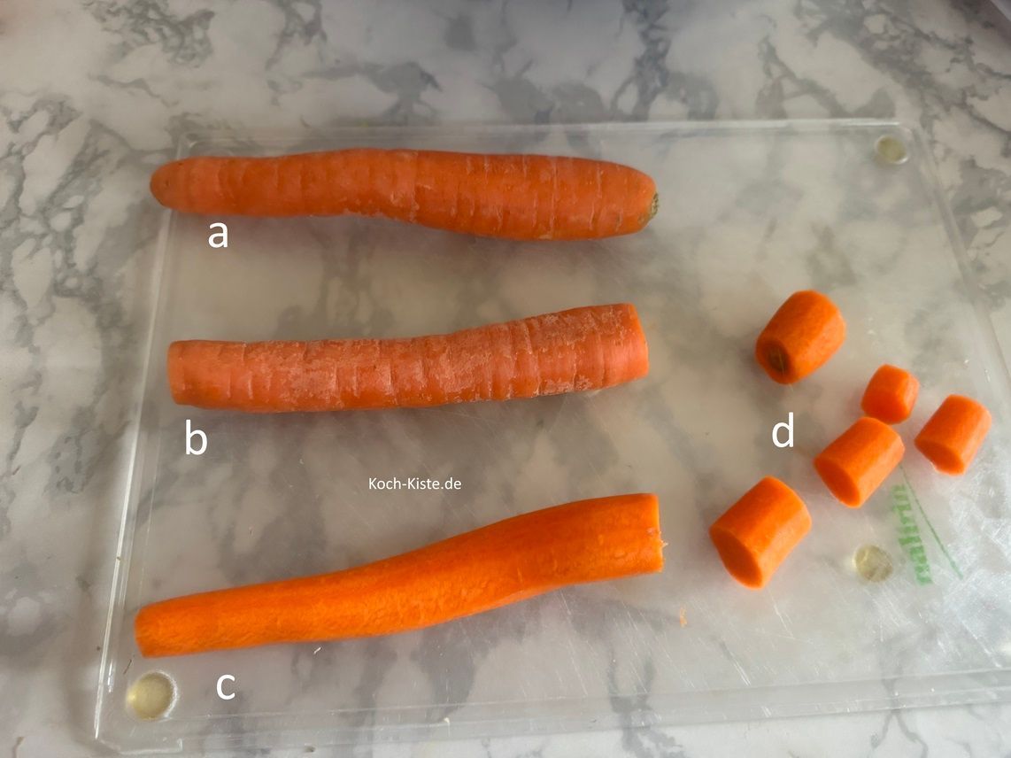 entfene immer unten und oben ein kleines Stücke (b) , dann schäle die Wurzeln (c) und schneide sie in kleine Stücke (d) . Gebe die Wurzelstücke mit in das Küchensieb. Spüle das Gemüse unter kaltem, fließende Wasser ab und lasse es abtropfen .