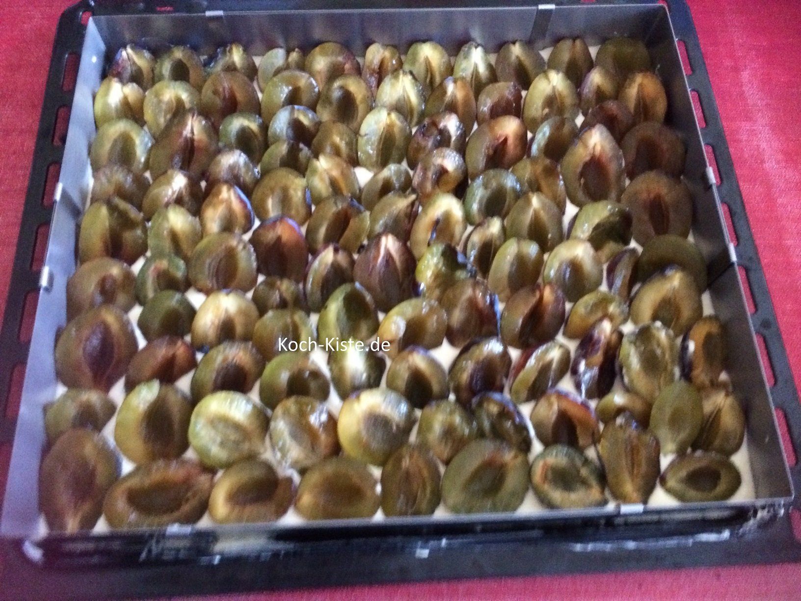 die Zwetschgen fächerförmig auf den Teig verteilen