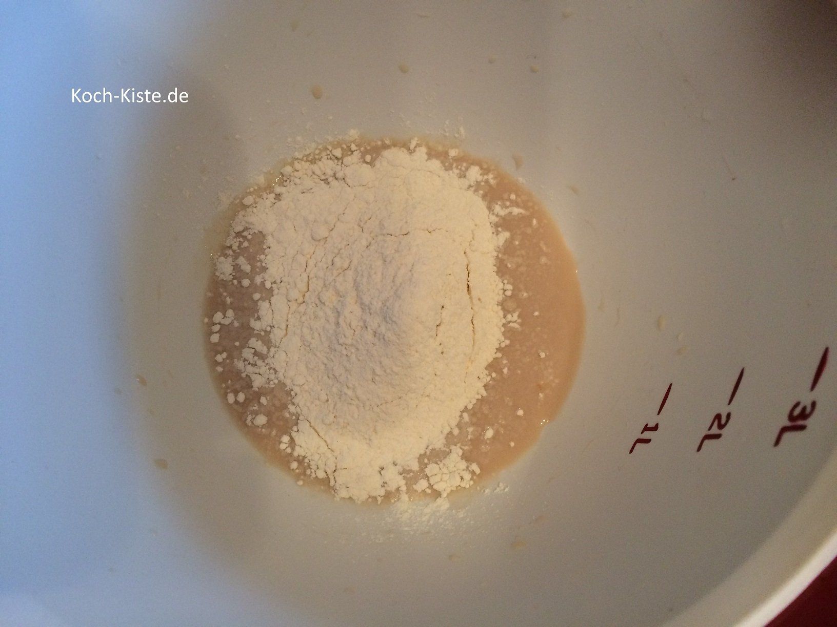 gebe etwas Dinkelmehl in das Hefewasser und lasse alles 5 Minuten stehen